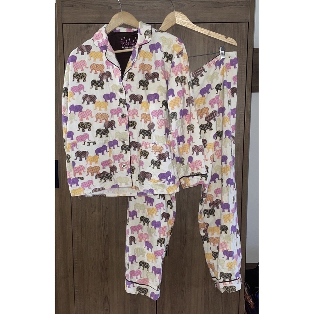 PJ Salvage Womens Elephant Print Flannel Pajama Set Size Small 100% Cotton